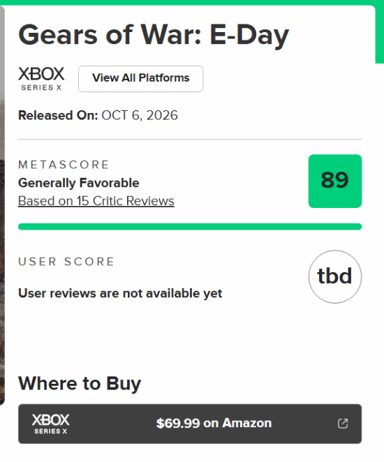 战争机器：事变日媒体口碑爆棚，Metacritic 89分，15家全好评