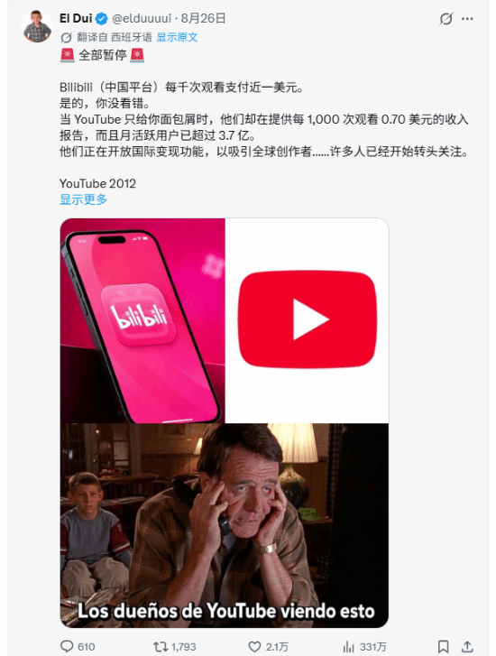 哔哩哔哩国际版推高分成标准，每千次播放0.7美元，加速吸引全球创作者