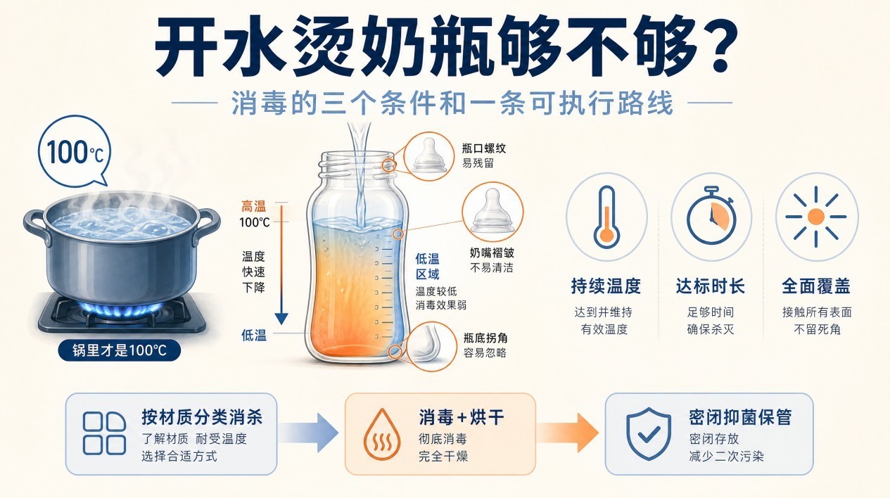 开水烫奶瓶够不够?消毒的三个条件和一条可执行路线