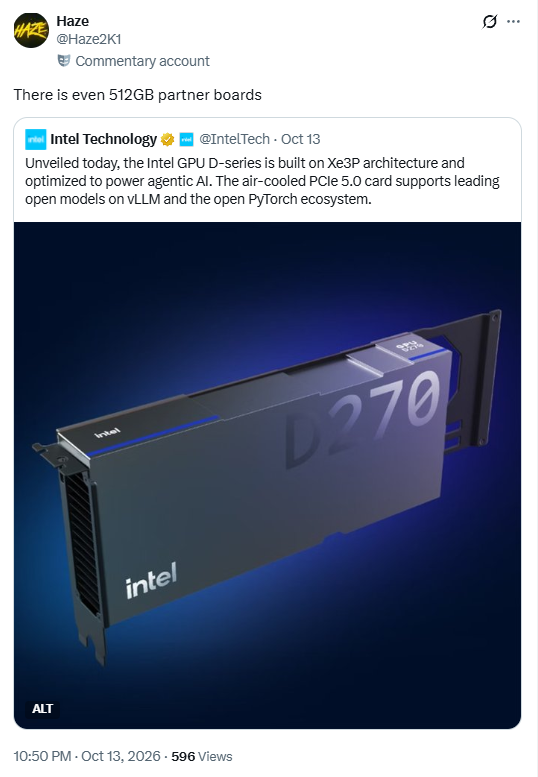 英特尔D系列GPU或将推512GB定制版，突破官方480GB上限